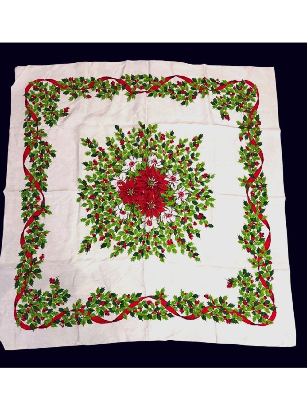 Vintage Christmas Holiday Tablecloth White Poinsettias Holly & Red Ribbon Border